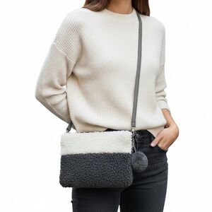 3AM FOREVER two tone cream Gray Colorblock Sherpa Fleece Crossbody Bag Pom Charm